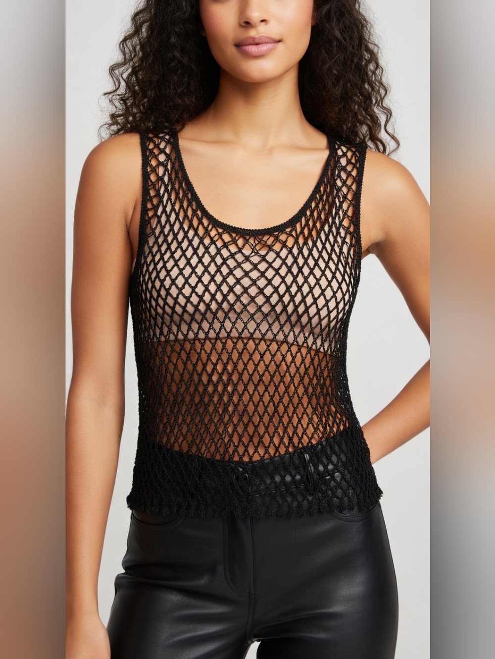 Vtg 2000s/ 90s Grunge Black Beaded Open-Knit Mesh Tank ✨